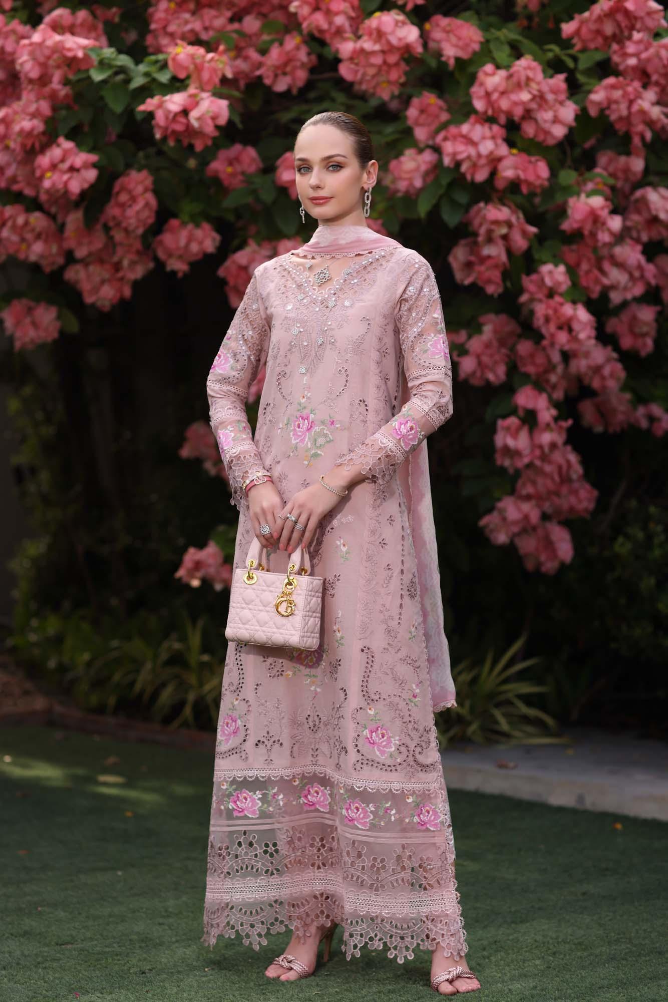 Noor by Saadia Asad | Eid Luxury Schiffli Laserkari 25 | D8- Pink - Rang-e-Khaas