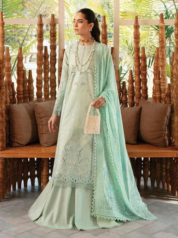 Afrozeh Cascade Embroidered Luxury Lawn 3Pc Suit - Willow - Rang-e-Khaas