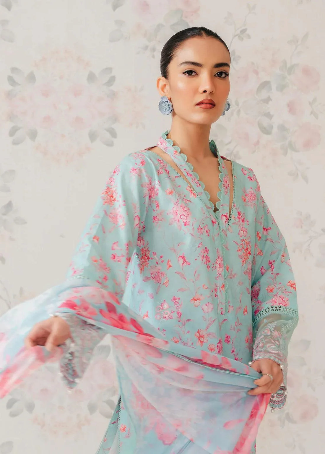 Afrozeh The Floral Charm Embroidered Lawn 3Pc Suit AL-24-V1-07 - Rang-e-Khaas