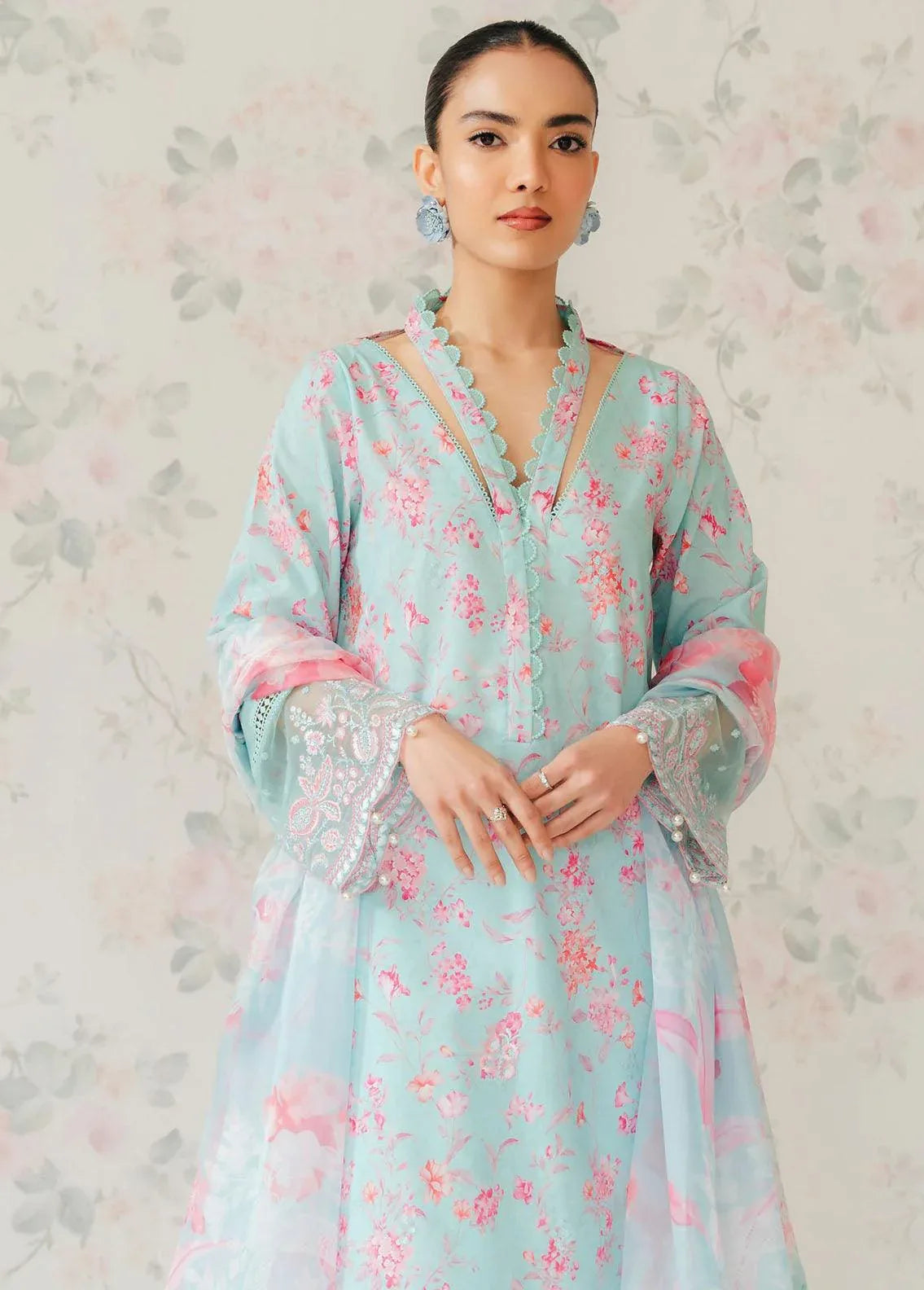 Afrozeh The Floral Charm Embroidered Lawn 3Pc Suit AL-24-V1-07 - Rang-e-Khaas