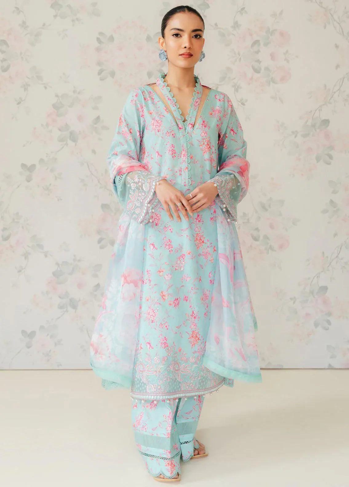 Afrozeh The Floral Charm Embroidered Lawn 3Pc Suit AL-24-V1-07 - Rang-e-Khaas