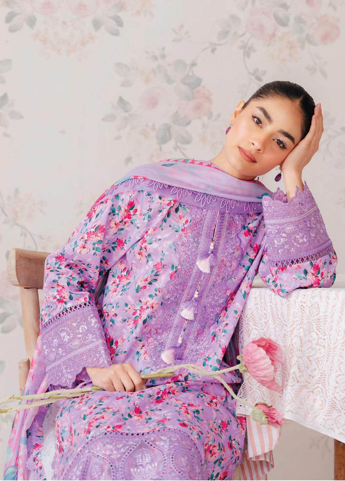 Afrozeh The Floral Charm Embroidered Lawn 3Pc Suit AL-24-V1-09 - Rang-e-Khaas