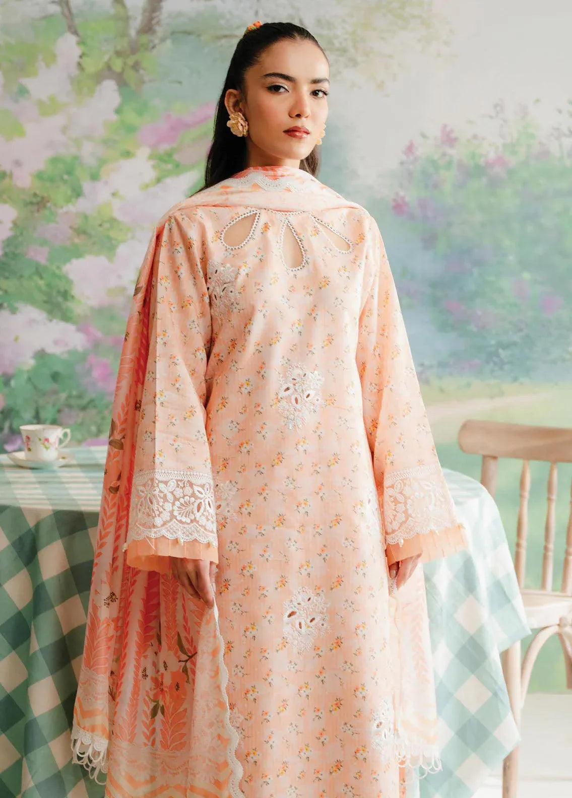 Afrozeh The Floral Charm Embroidered Lawn 3Pc Suit AL-24-V1-10 - Rang-e-Khaas