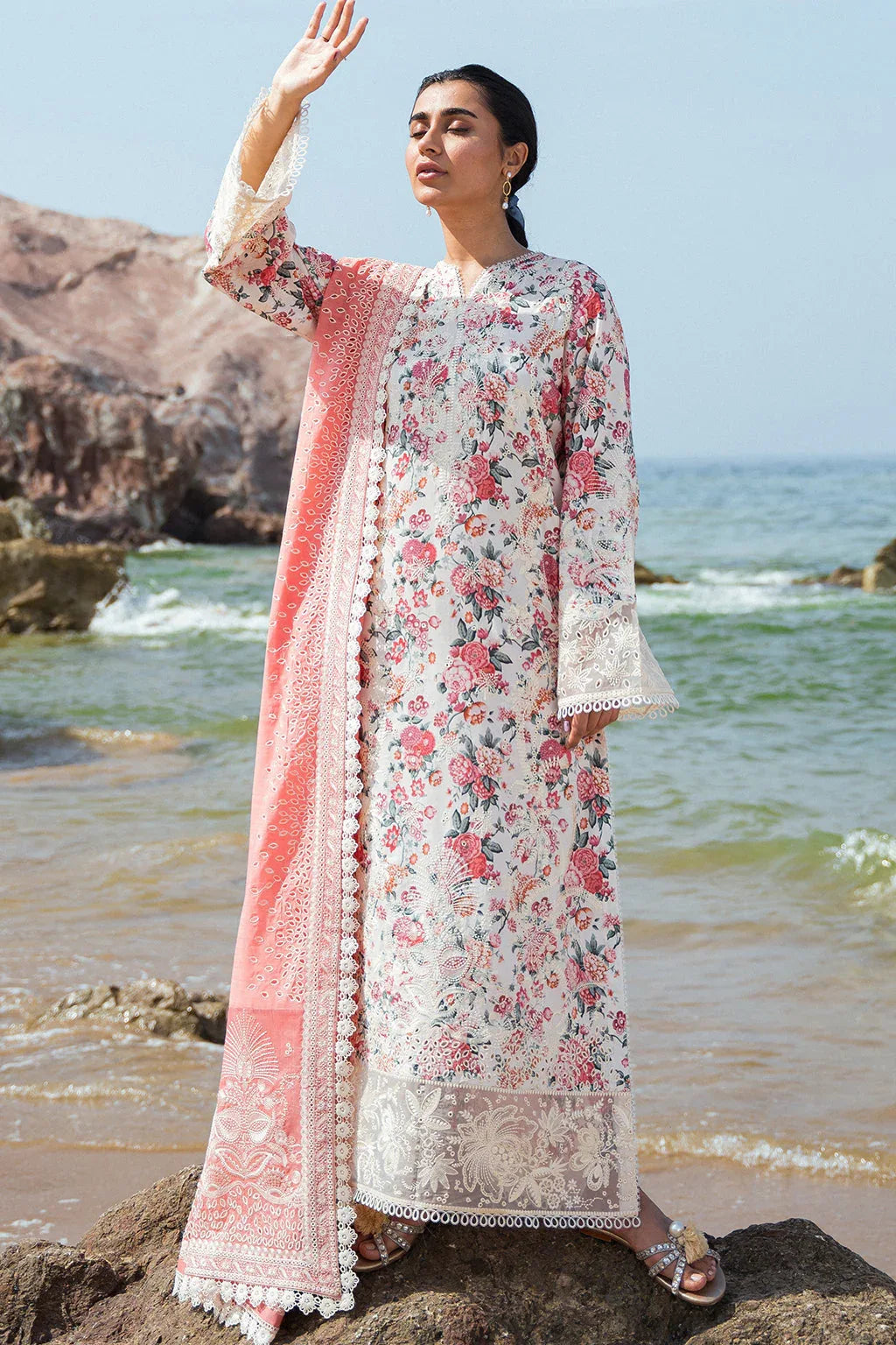 Afrozeh Summer Together Embroidered Lawn 3Pc Suit - Gardenia - Rang-e-Khaas