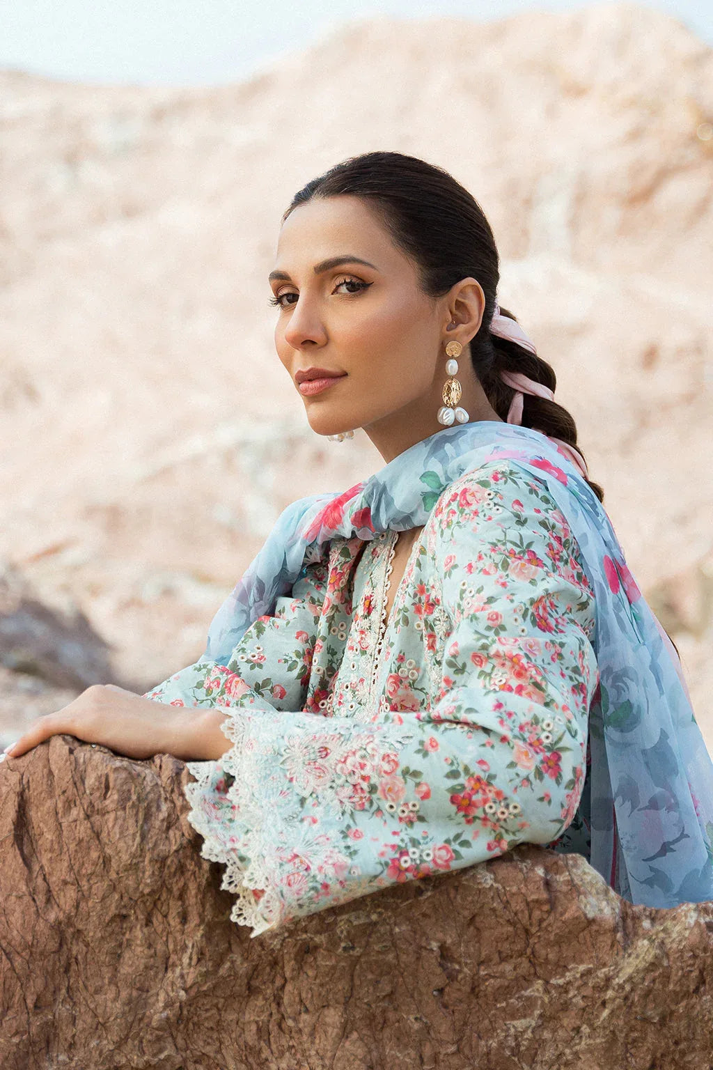 Afrozeh Summer Together Embroidered Lawn 3Pc Suit - Topaz - Rang-e-Khaas