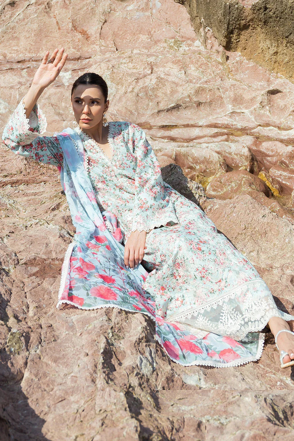 Afrozeh Summer Together Embroidered Lawn 3Pc Suit - Topaz - Rang-e-Khaas