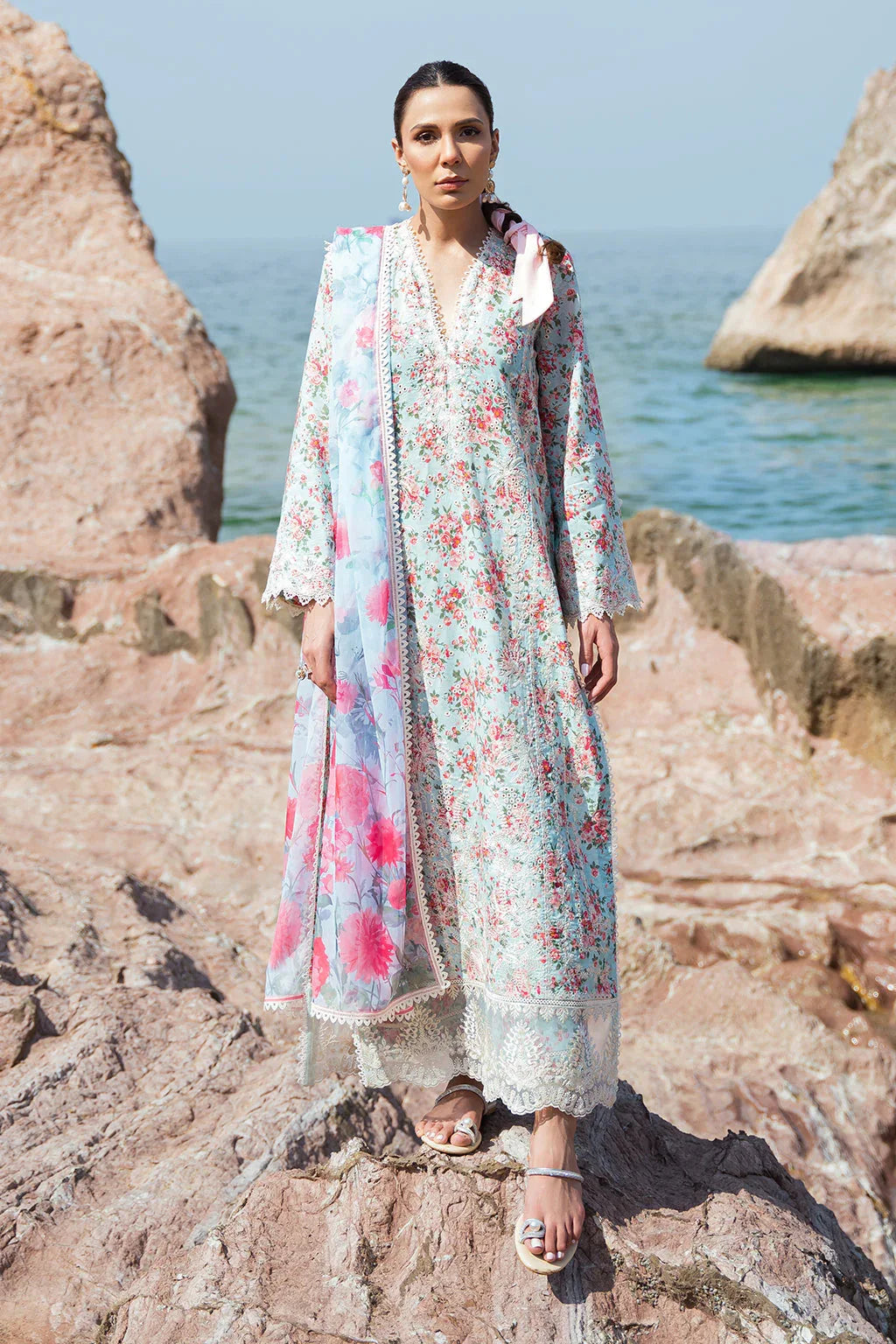 Afrozeh Summer Together Embroidered Lawn 3Pc Suit - Topaz - Rang-e-Khaas