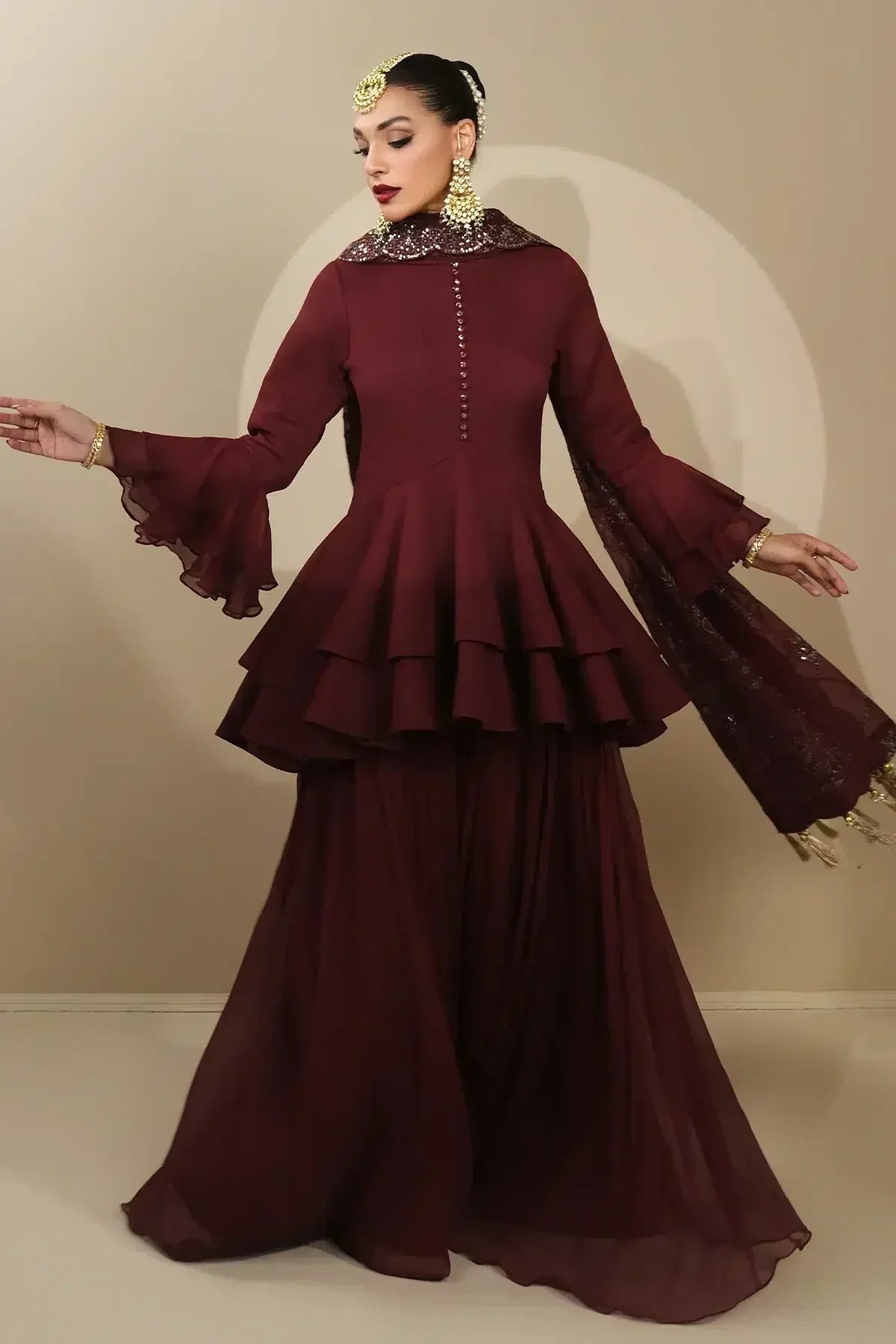 Alizeh | Formals Collection | Maroon Peplum 3 piece - RTW1014 - Rang-e-Khaas