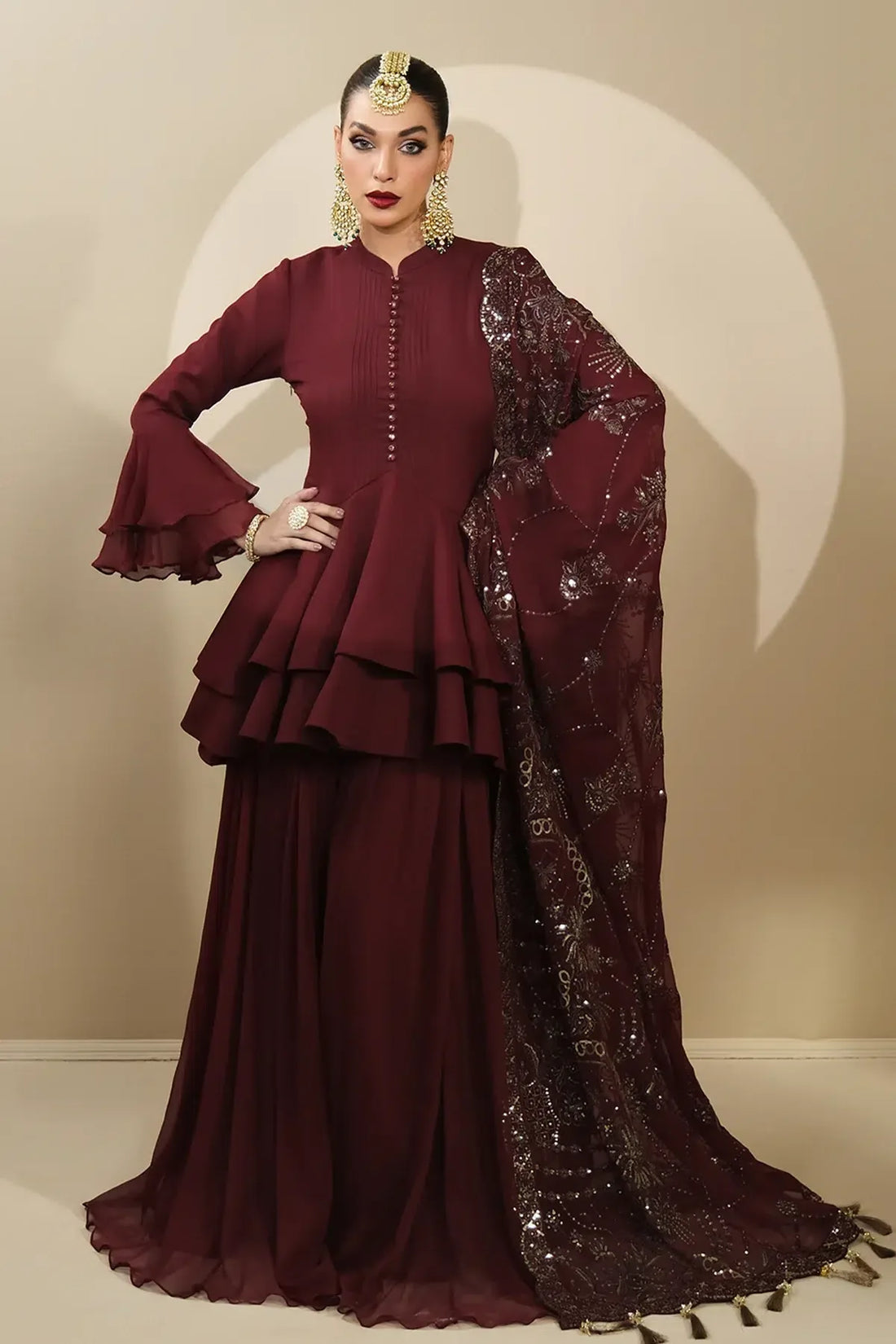 Alizeh | Formals Collection | Maroon Peplum 3 piece - RTW1014 - Rang-e-Khaas
