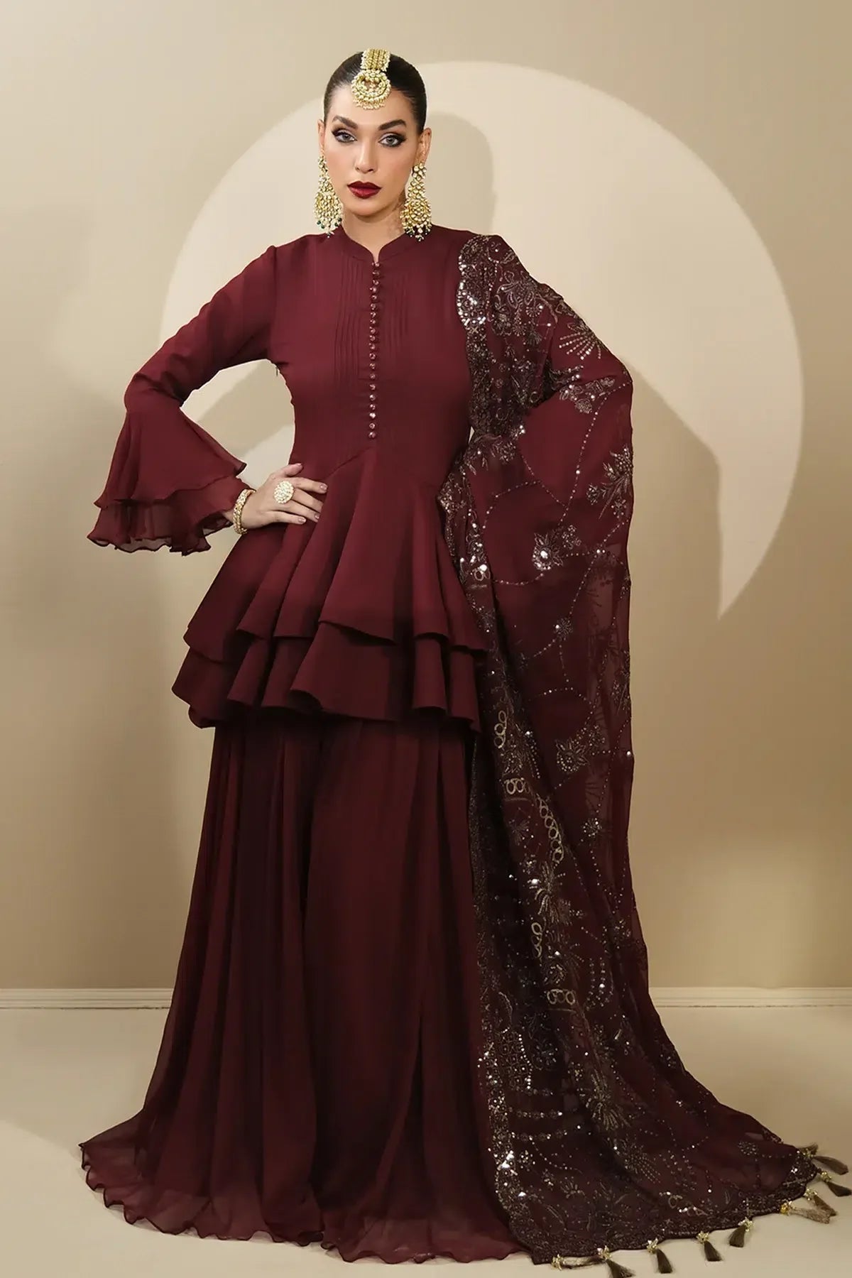 Alizeh | Formals Collection | Maroon Peplum 3 piece - RTW1014 - Rang-e-Khaas