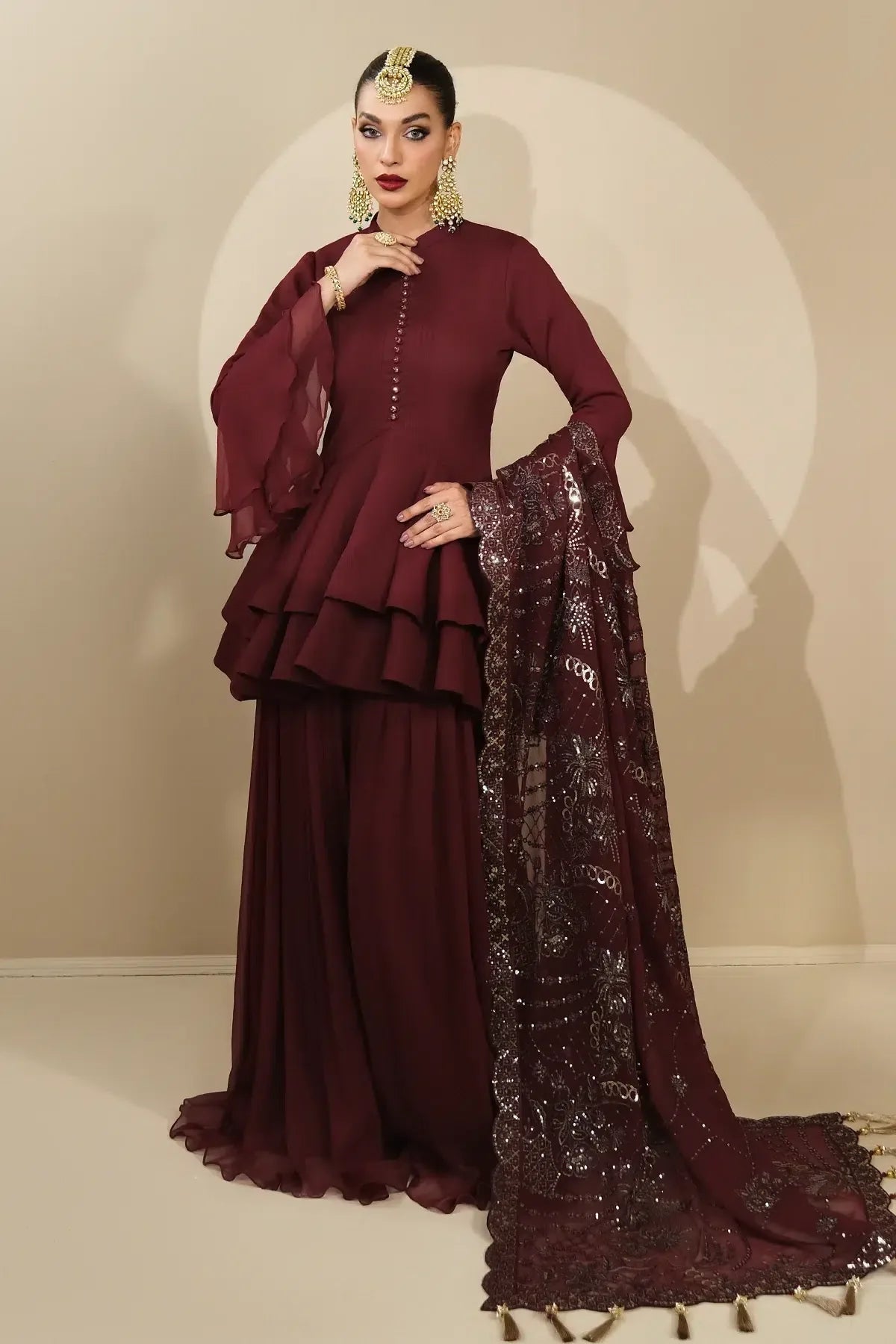 Alizeh | Formals Collection | Maroon Peplum 3 piece - RTW1014 - Rang-e-Khaas