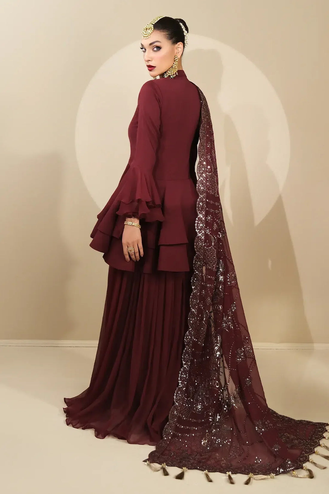 Alizeh | Formals Collection | Maroon Peplum 3 piece - RTW1014 - Rang-e-Khaas