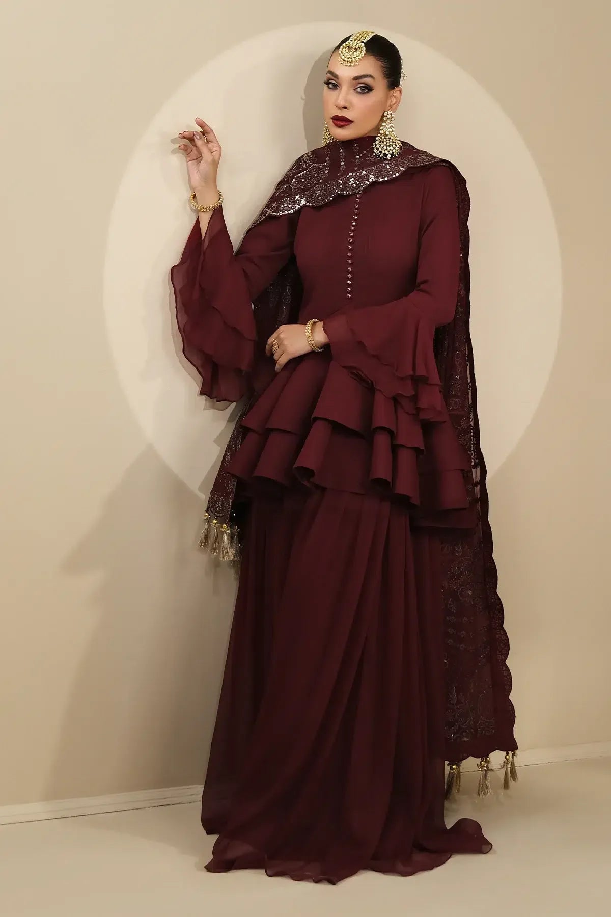 Alizeh | Formals Collection | Maroon Peplum 3 piece - RTW1014 - Rang-e-Khaas