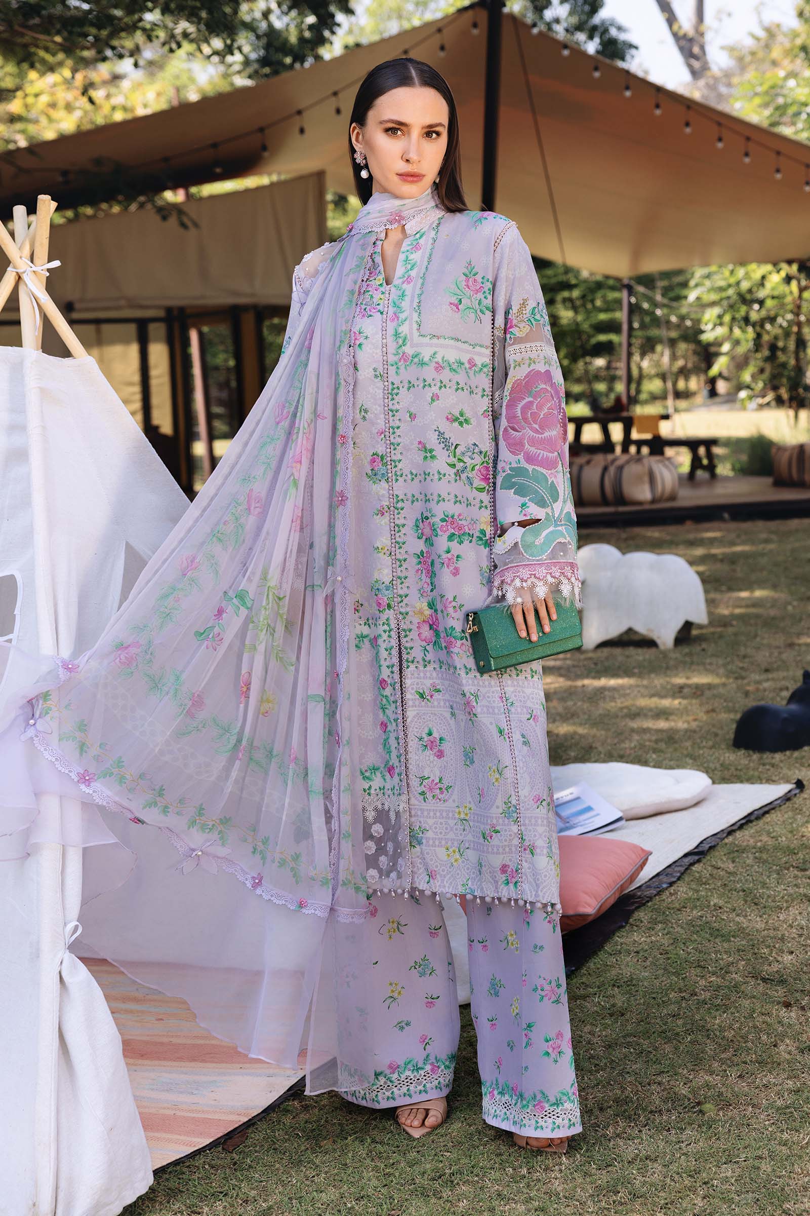 3 Piece Unstitched Embroidered Lawn Suit - Rang-e-Khaas