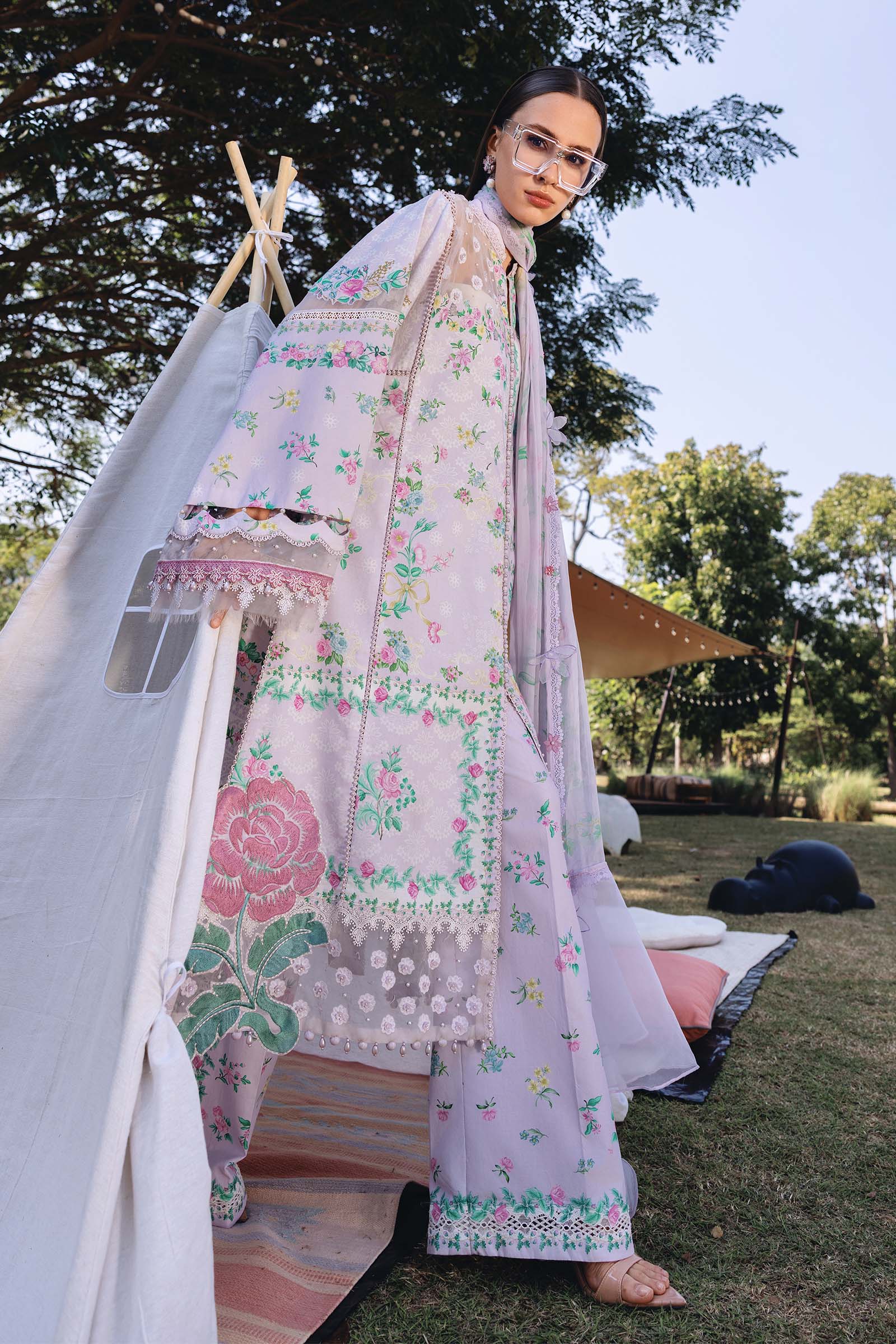 3 Piece Unstitched Embroidered Lawn Suit - Rang-e-Khaas