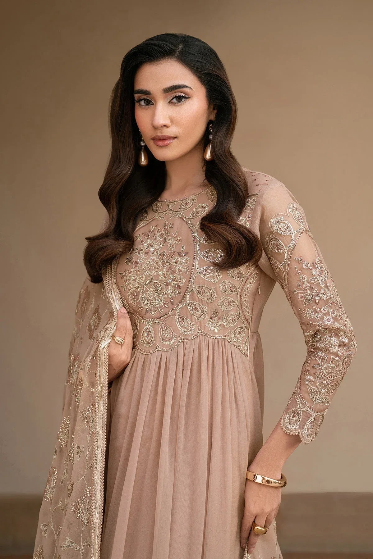 Alizeh | Ready to wear | Beige Dress 3 piece - RTW1027 - Rang-e-Khaas