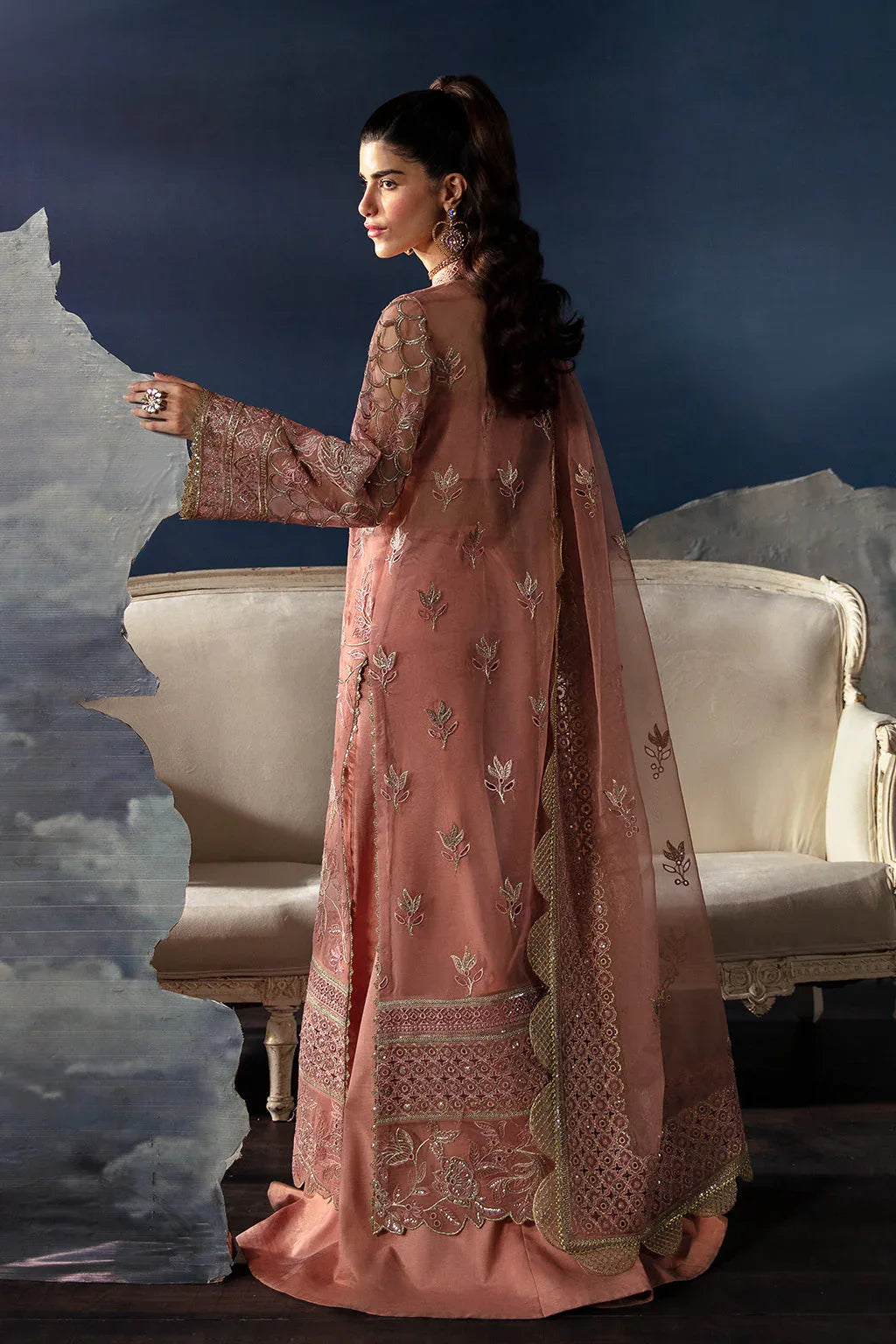 Afrozeh La Fuchsia Embroidered Organza 3Pc Suit - Elea - Rang-e-Khaas