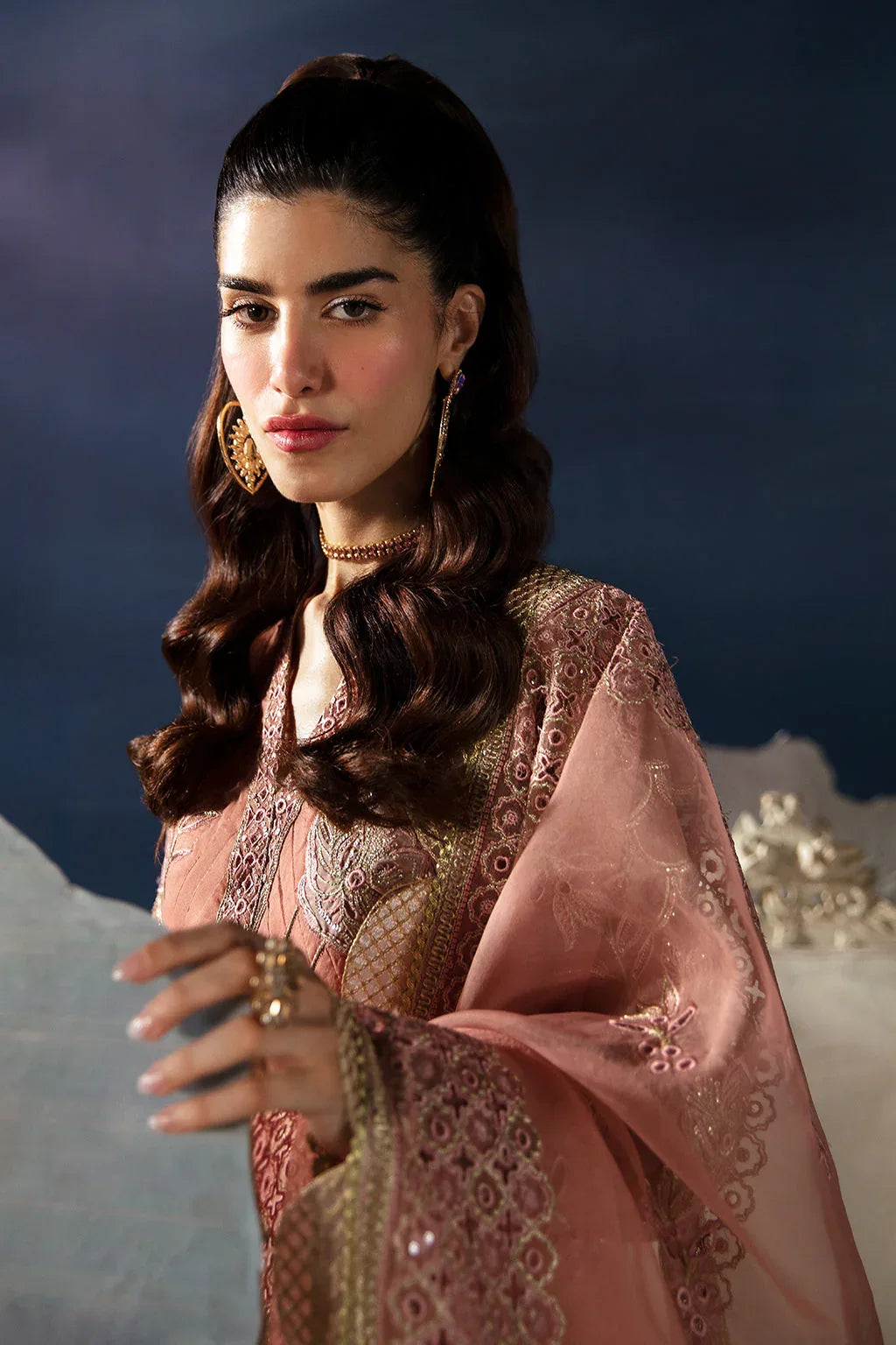 Afrozeh La Fuchsia Embroidered Organza 3Pc Suit - Elea - Rang-e-Khaas