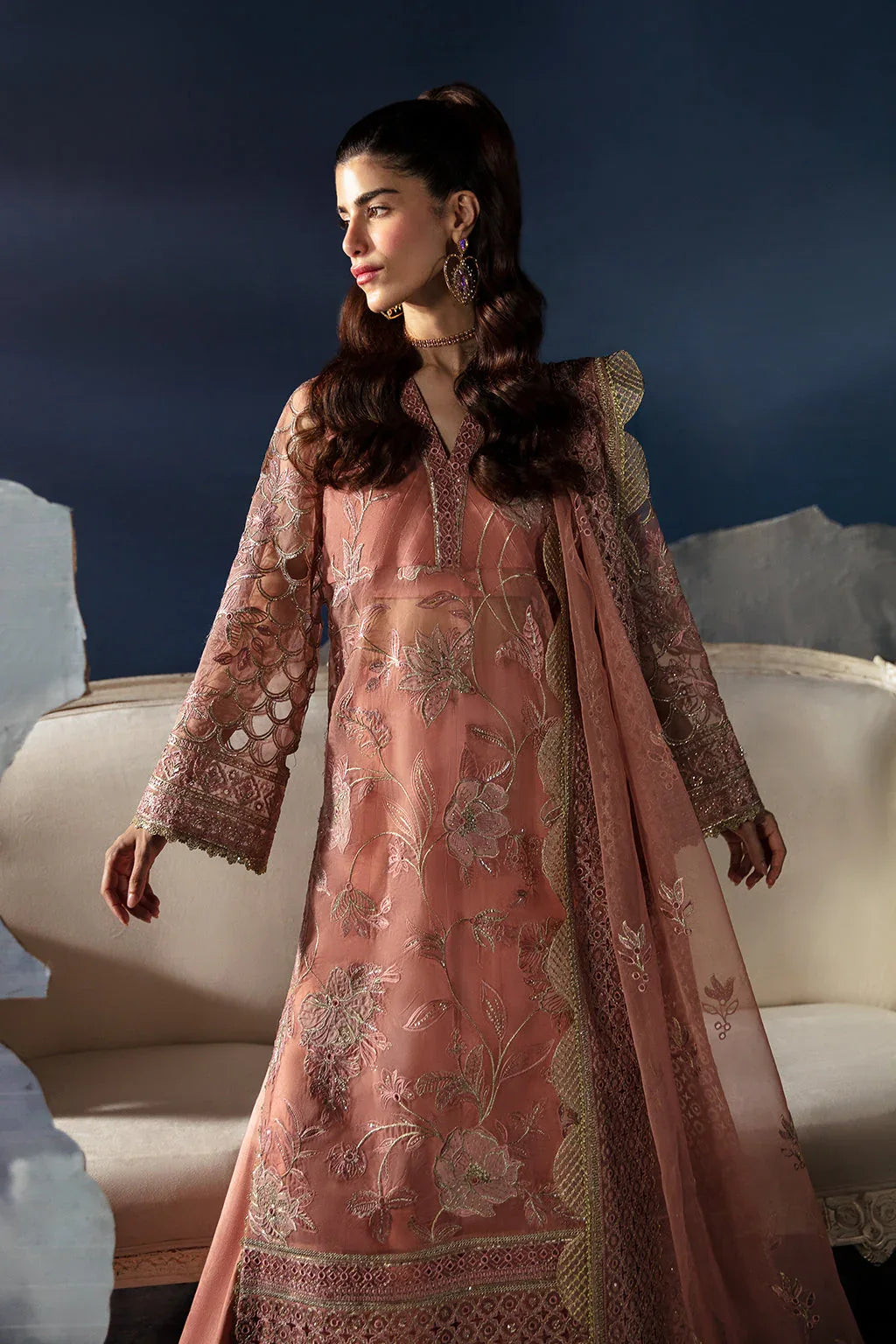 Afrozeh La Fuchsia Embroidered Organza 3Pc Suit - Elea - Rang-e-Khaas