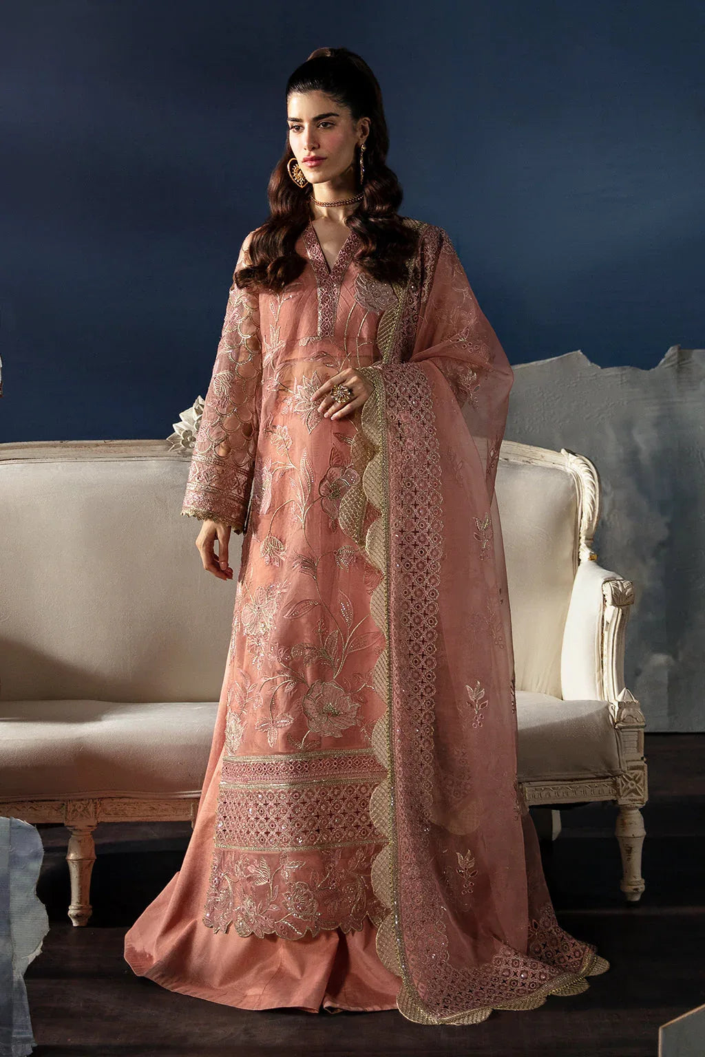 Afrozeh La Fuchsia Embroidered Organza 3Pc Suit - Elea - Rang-e-Khaas