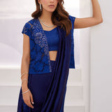 Farah Talib Aziz | Zaza Luxe Pret 24 | OCEAN NAVY DRAPED SAREE WITH CUTWORK EMBELLISHED CAPE