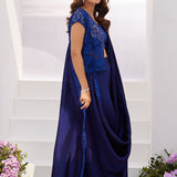 Farah Talib Aziz | Zaza Luxe Pret 24 | OCEAN NAVY DRAPED SAREE WITH CUTWORK EMBELLISHED CAPE