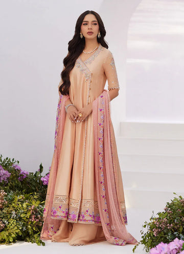 Farah Talib Aziz | Zaza Luxe Pret 24 | LISETTE FAWN EMBELLISHED RAW SILK ANGARKHA AND DUPATTA - Rang-e-Khaas