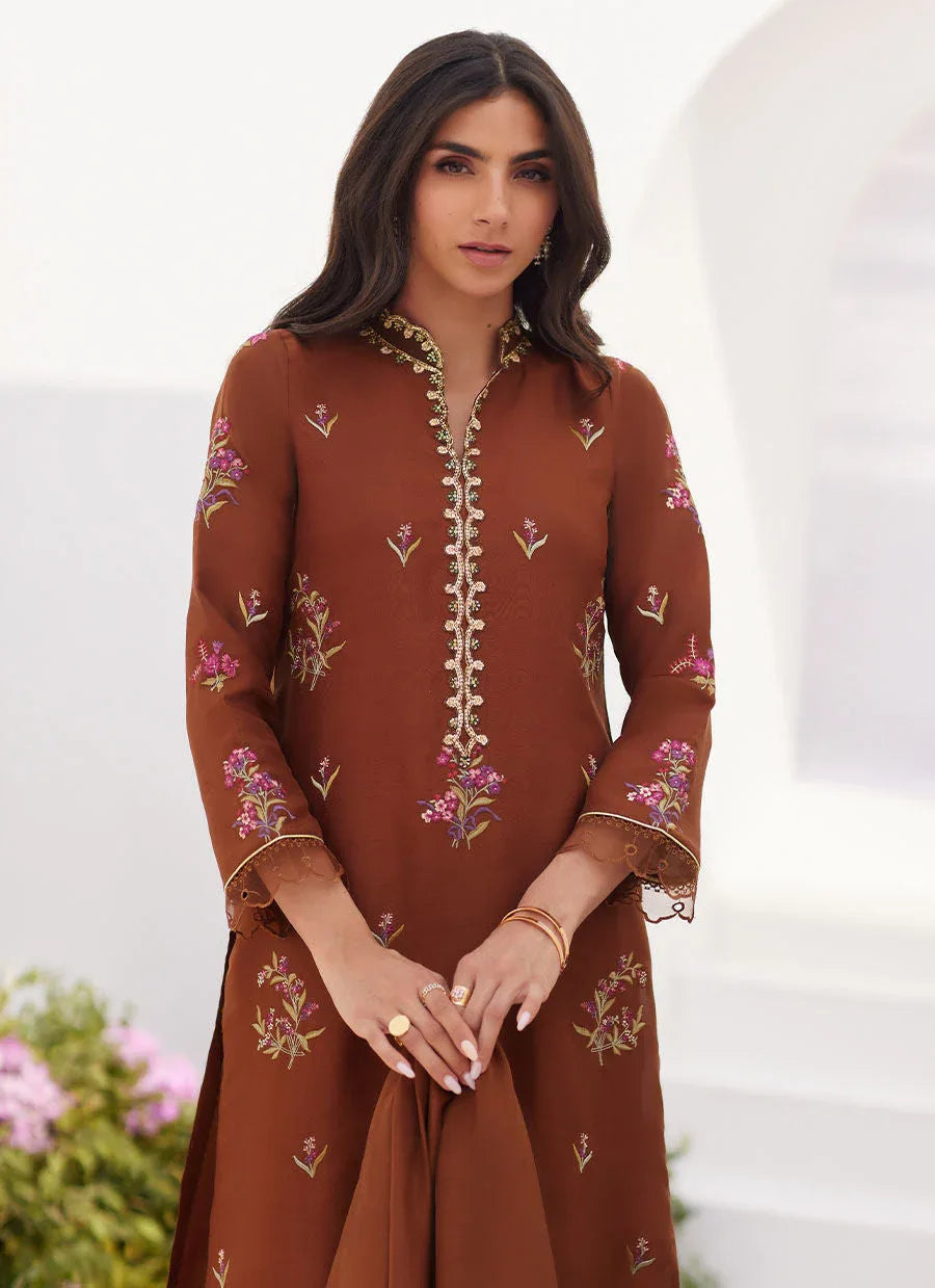 Farah Talib Aziz | Zaza Luxe Pret 24 | NOEMIE CHOCOLATE EMBROIDERED RAW SILK SHIRT AND DUPATTA - Rang-e-Khaas