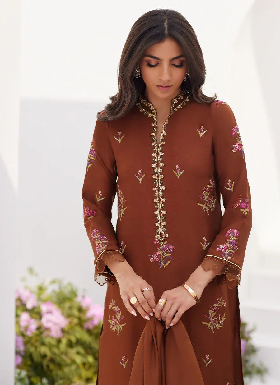 Farah Talib Aziz | Zaza Luxe Pret 24 | NOEMIE CHOCOLATE EMBROIDERED RAW SILK SHIRT AND DUPATTA - Rang-e-Khaas