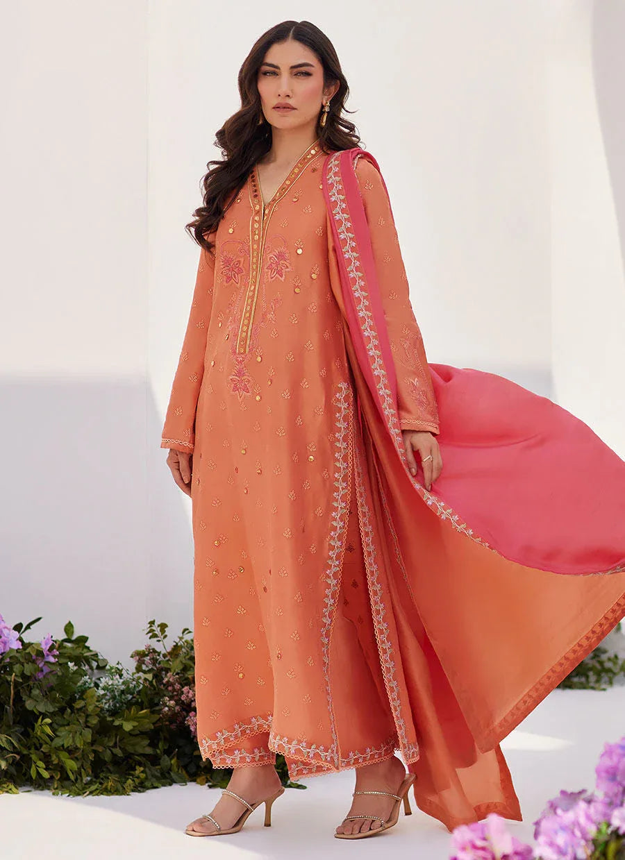 Farah Talib Aziz | Zaza Luxe Pret 24 | ELYNA CORAL EMBROIDERED RAW SILK SHIRT AND DUPATTA - Rang-e-Khaas