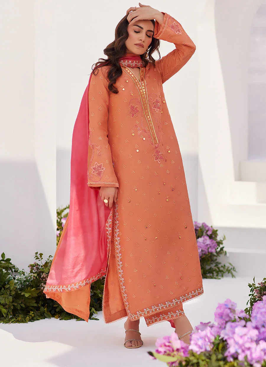 Farah Talib Aziz | Zaza Luxe Pret 24 | ELYNA CORAL EMBROIDERED RAW SILK SHIRT AND DUPATTA - Rang-e-Khaas