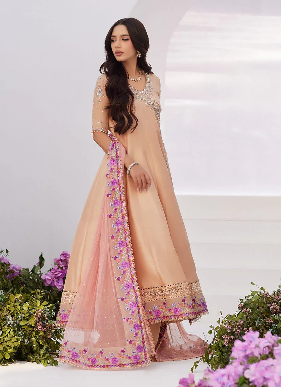 Farah Talib Aziz | Zaza Luxe Pret 24 | LISETTE FAWN EMBELLISHED RAW SILK ANGARKHA AND DUPATTA - Rang-e-Khaas