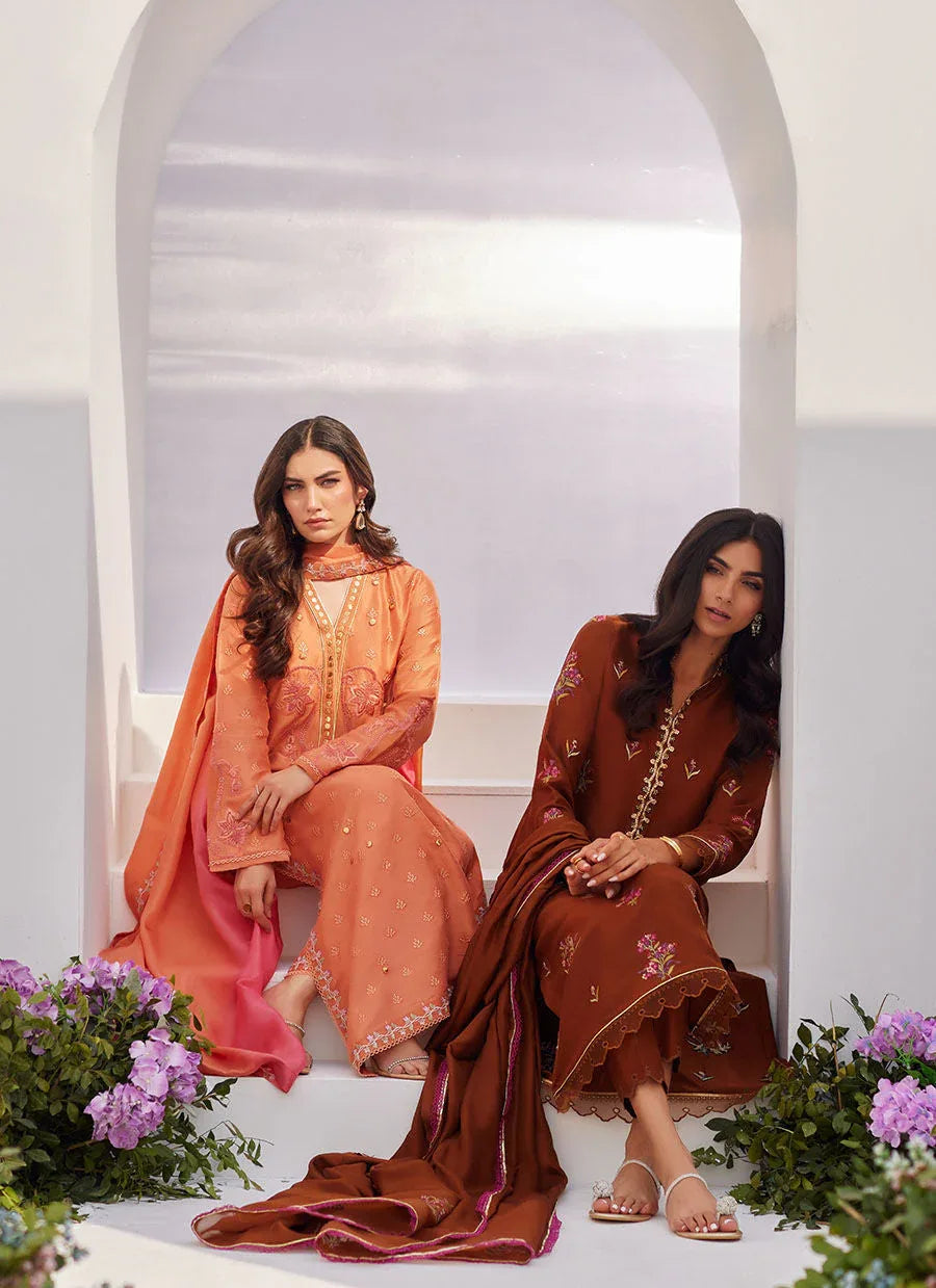Farah Talib Aziz | Zaza Luxe Pret 24 | ELYNA CORAL EMBROIDERED RAW SILK SHIRT AND DUPATTA - Rang-e-Khaas