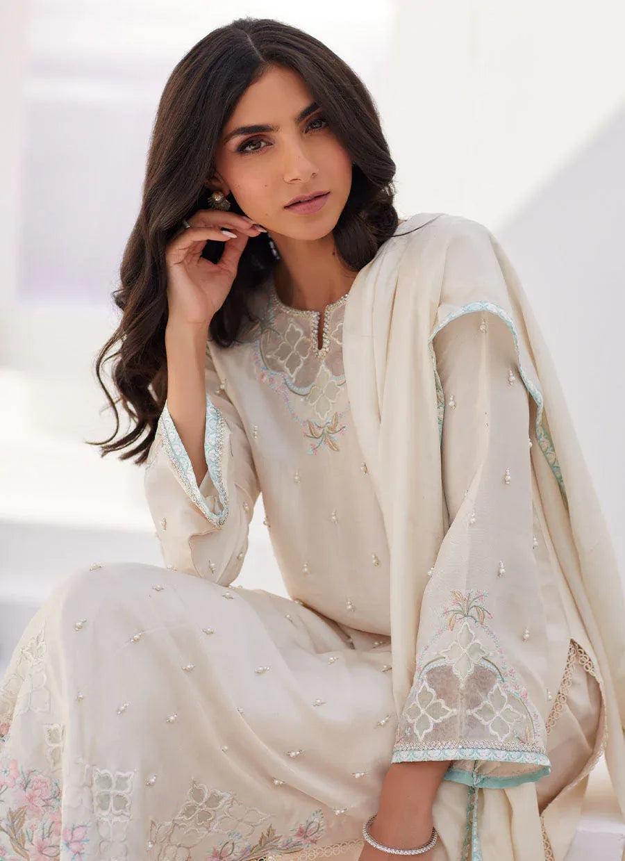 Farah Talib Aziz | Zaza Luxe Pret 24 | LYA IVORY EMBELLISHED RAW SILK SHIRT AND DUPATTA - Rang-e-Khaas