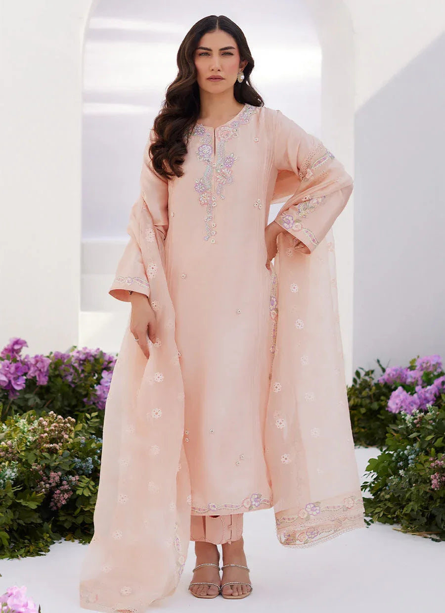 Farah Talib Aziz | Zaza Luxe Pret 24 | ELEA PEACH EMBROIDERED RAW SILK SHIRT AND DUPATTA - Rang-e-Khaas