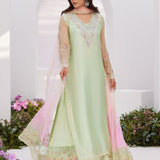 Farah Talib Aziz | Zaza Luxe Pret 24 | COLLETTE MINT OMBRE EMBELLISHED COLUMN SHIRT WITH KALIDAAR WITH EMBROIDERED SLIP