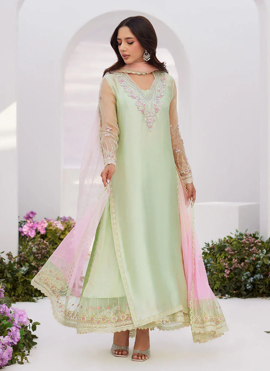 Farah Talib Aziz | Zaza Luxe Pret 24 | COLLETTE MINT OMBRE EMBELLISHED COLUMN SHIRT WITH KALIDAAR WITH EMBROIDERED SLIP - Rang-e-Khaas