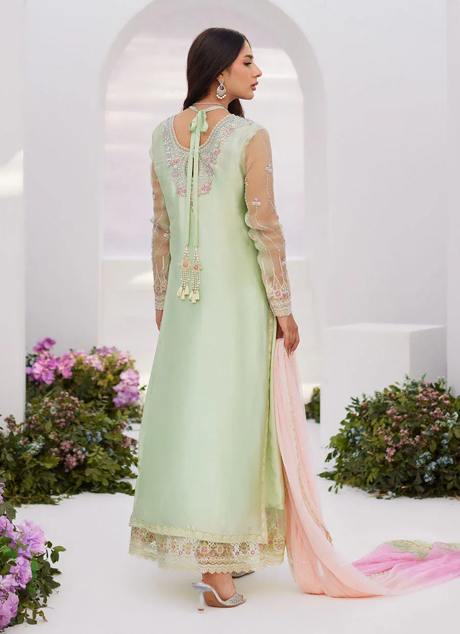 Farah Talib Aziz | Zaza Luxe Pret 24 | COLLETTE MINT OMBRE EMBELLISHED COLUMN SHIRT WITH KALIDAAR WITH EMBROIDERED SLIP - Rang-e-Khaas