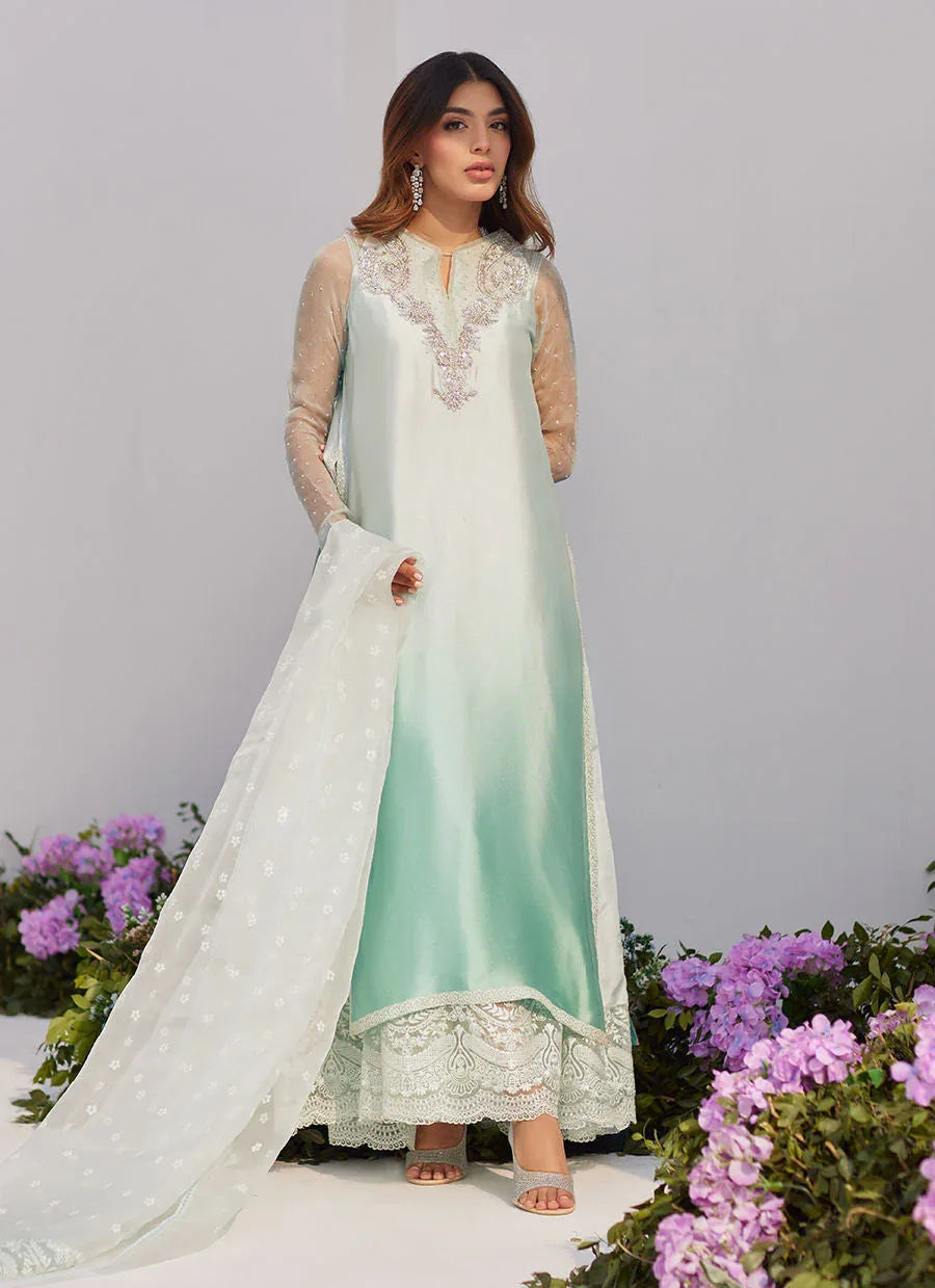 Farah Talib Aziz | Zaza Luxe Pret 24 | SOLENE AQUA OMBRE EMBELLISHED COLUMN SHIRT WITH EMBROIDERED KALIDAAR SLIP - Rang-e-Khaas
