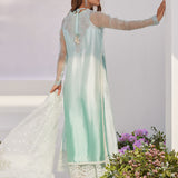 Farah Talib Aziz | Zaza Luxe Pret 24 | SOLENE AQUA OMBRE EMBELLISHED COLUMN SHIRT WITH EMBROIDERED KALIDAAR SLIP