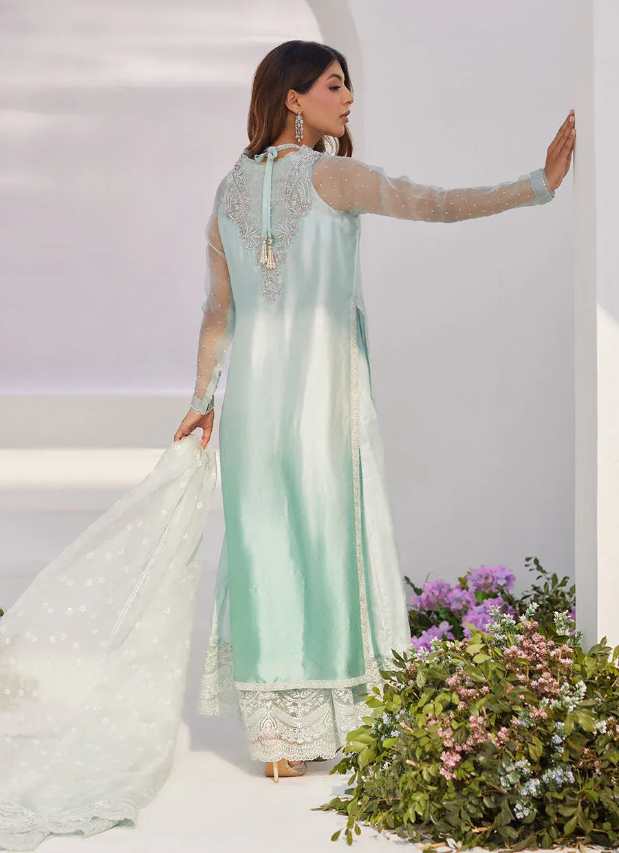 Farah Talib Aziz | Zaza Luxe Pret 24 | SOLENE AQUA OMBRE EMBELLISHED COLUMN SHIRT WITH EMBROIDERED KALIDAAR SLIP - Rang-e-Khaas