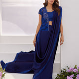 Farah Talib Aziz | Zaza Luxe Pret 24 | OCEAN NAVY DRAPED SAREE WITH CUTWORK EMBELLISHED CAPE