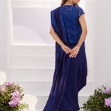 Farah Talib Aziz | Zaza Luxe Pret 24 | OCEAN NAVY DRAPED SAREE WITH CUTWORK EMBELLISHED CAPE