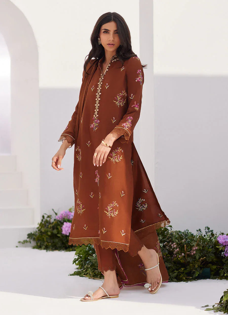Farah Talib Aziz | Zaza Luxe Pret 24 | NOEMIE CHOCOLATE EMBROIDERED RAW SILK SHIRT AND DUPATTA - Rang-e-Khaas