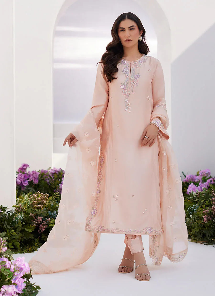 Farah Talib Aziz | Zaza Luxe Pret 24 | ELEA PEACH EMBROIDERED RAW SILK SHIRT AND DUPATTA - Rang-e-Khaas