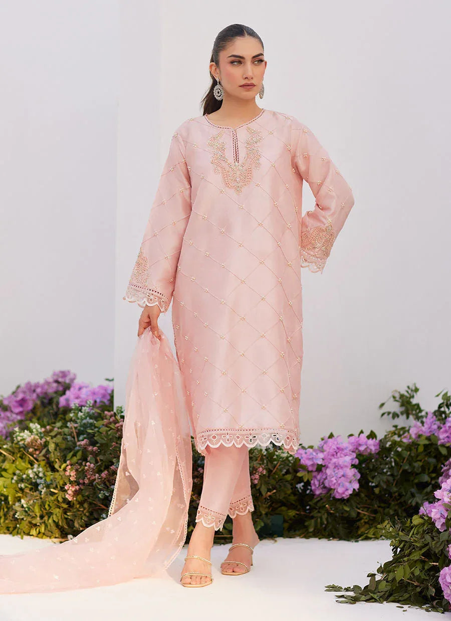 Farah Talib Aziz | Zaza Luxe Pret 24 | BEBE BLUSH PINK EMBELLISHED RAW SILK KURTA SHIRT AND DUPATTA - Rang-e-Khaas