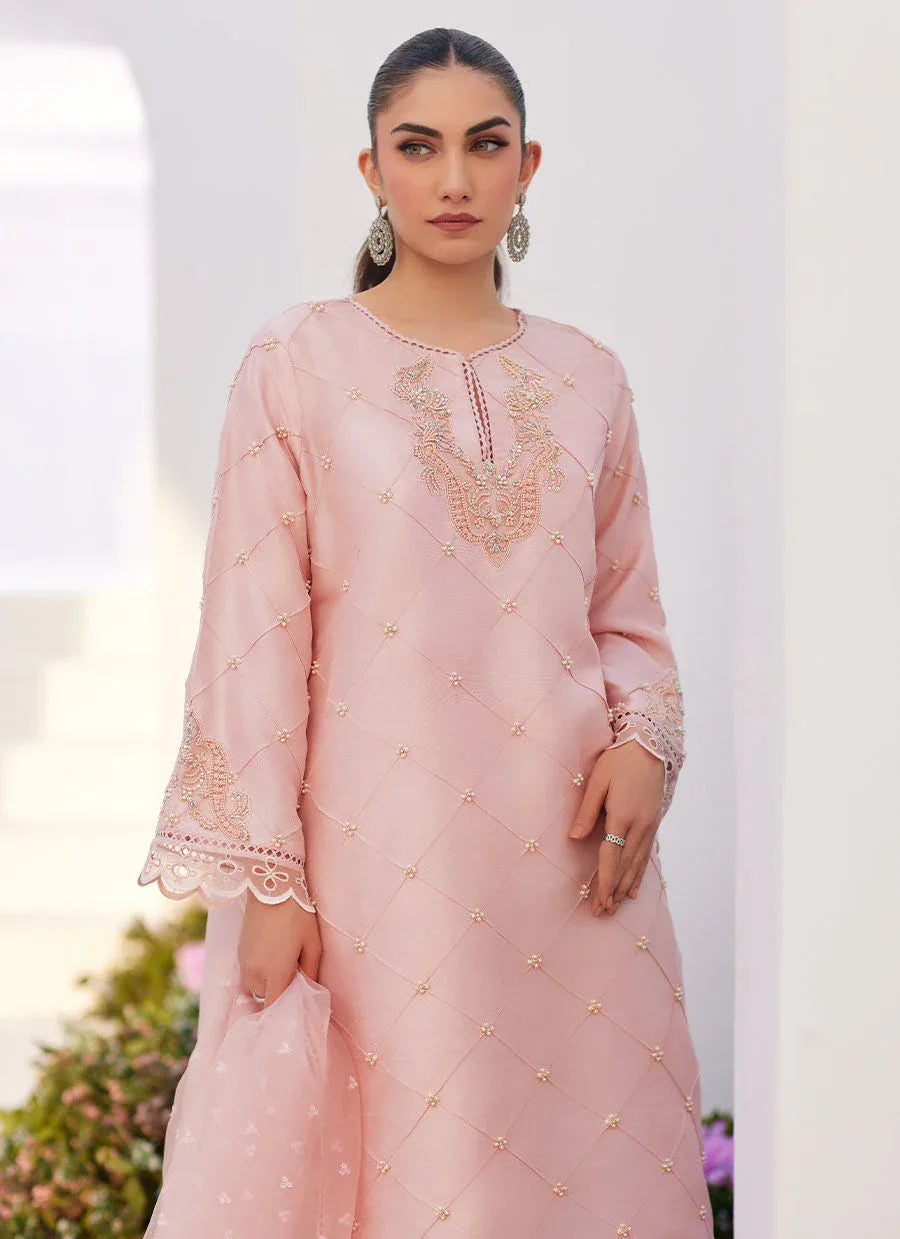Farah Talib Aziz | Zaza Luxe Pret 24 | BEBE BLUSH PINK EMBELLISHED RAW SILK KURTA SHIRT AND DUPATTA - Rang-e-Khaas
