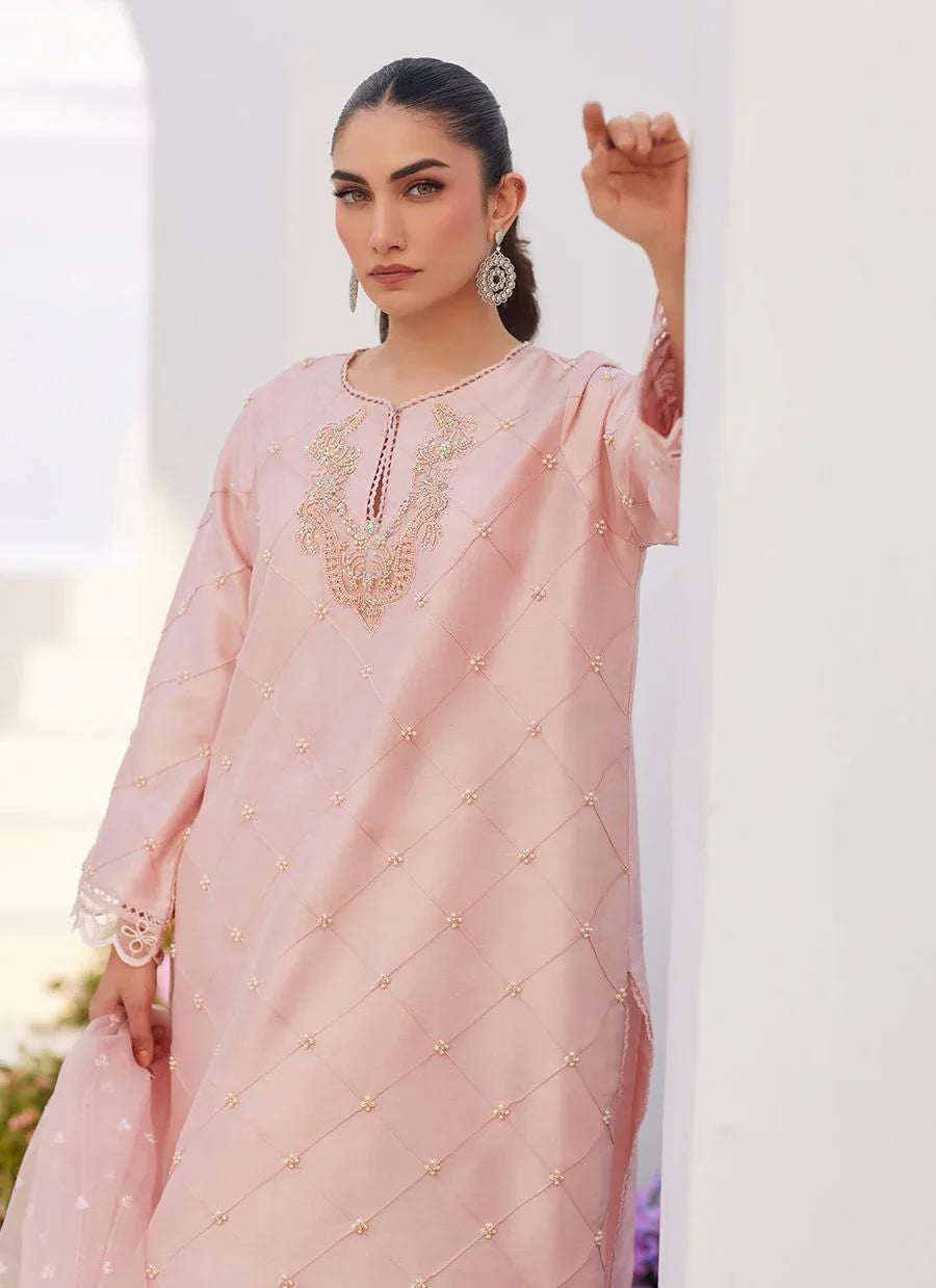 Farah Talib Aziz | Zaza Luxe Pret 24 | BEBE BLUSH PINK EMBELLISHED RAW SILK KURTA SHIRT AND DUPATTA - Rang-e-Khaas