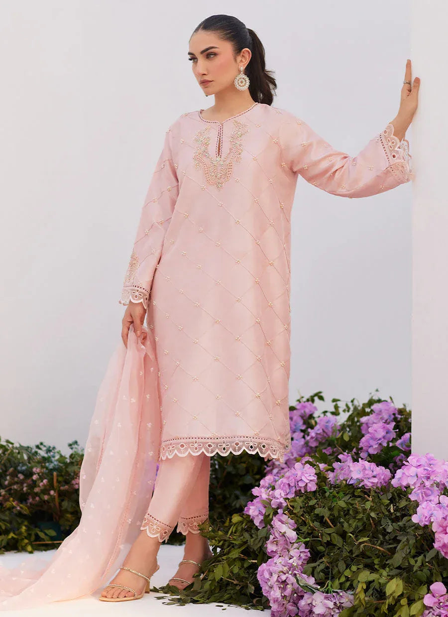 Farah Talib Aziz | Zaza Luxe Pret 24 | BEBE BLUSH PINK EMBELLISHED RAW SILK KURTA SHIRT AND DUPATTA - Rang-e-Khaas