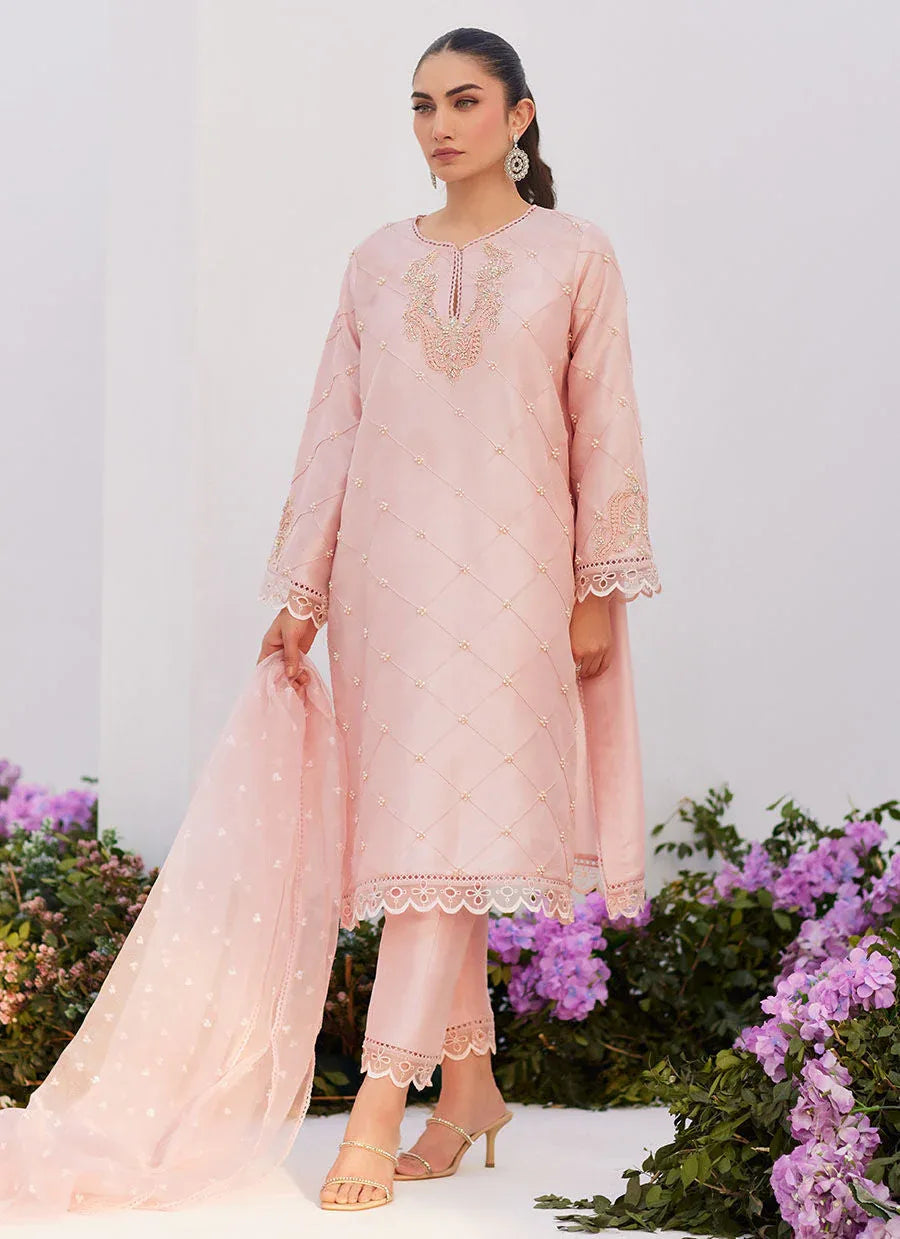 Farah Talib Aziz | Zaza Luxe Pret 24 | BEBE BLUSH PINK EMBELLISHED RAW SILK KURTA SHIRT AND DUPATTA - Rang-e-Khaas